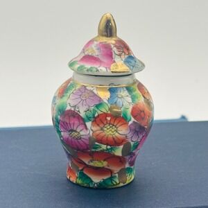 Vintage Miniature Millefleur Ginger Jar Porcelain Flowers Gold Trim